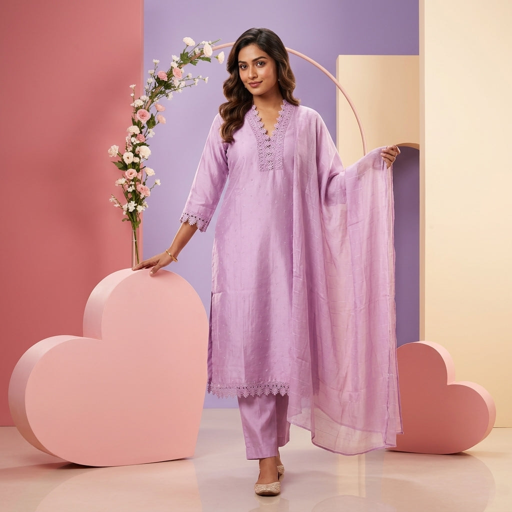 Slub Silk with Lace Work on 'V'Neck - 3 Piece Salwar Set (Ready to wear)