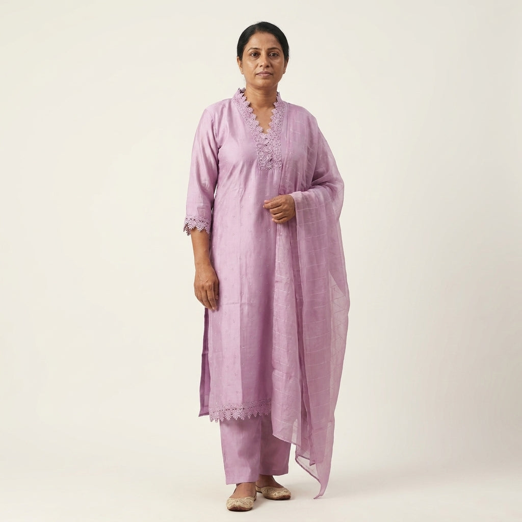 Slub Silk with Lace Work on 'V'Neck - 3 Piece Salwar Set (Ready to wear)