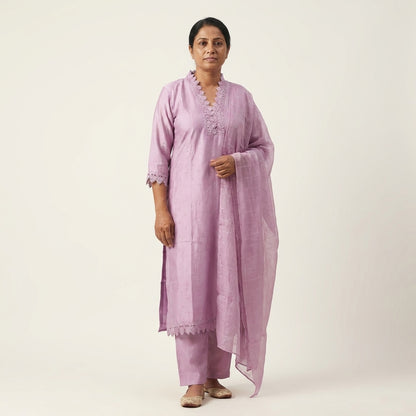 Slub Silk with Lace Work on 'V'Neck - 3 Piece Salwar Set (Ready to wear)