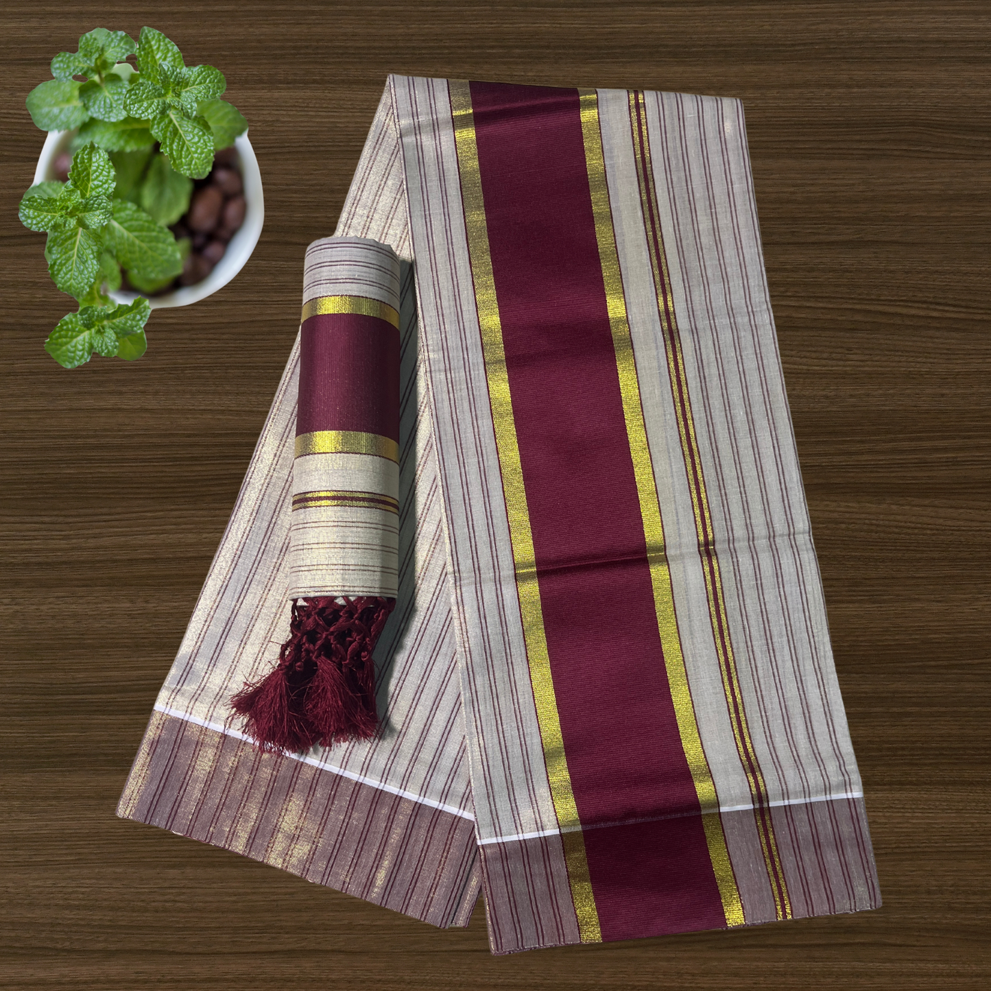 Premium Kuthampully Tissue Set Mundu with Full Body Stripes and Kasavu border