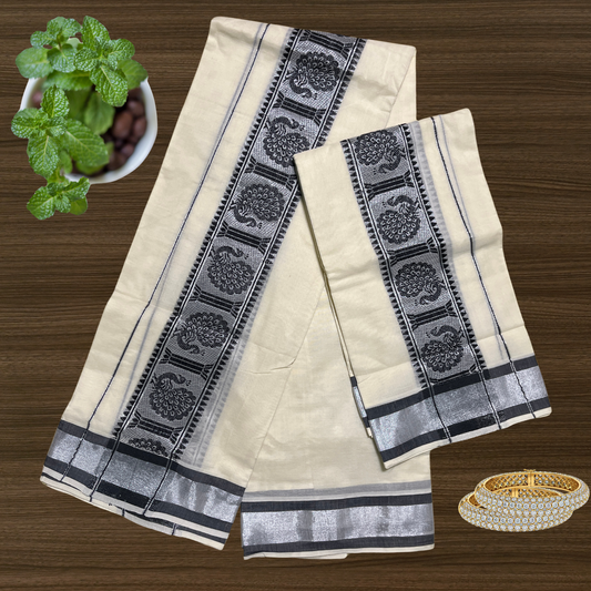 Premium Kuthampully Cotton Set Mund with Weaved Peacock design in Kara/border