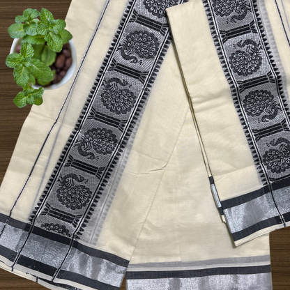 Premium Kuthampully Cotton Set Mund with Weaved Peacock design in Kara/border