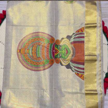 Premium Kerala Kuthanpully Tissue Saree with Big Kathakali Print